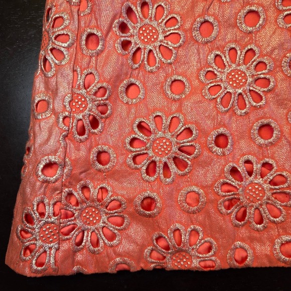 Maeve Anthropologie Coral Pink Floral Eyelet Metallic Fit Flare Dress Womens 4 - Picture 2 of 4